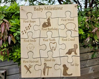 Personalized Baby Milestone Puzzle, Engraved Wooden Keepsake, Nursery Decor