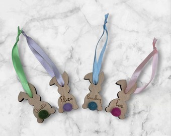 Personalized Wooden Easter Bunny Tag: Pom Pom Tail Decoration