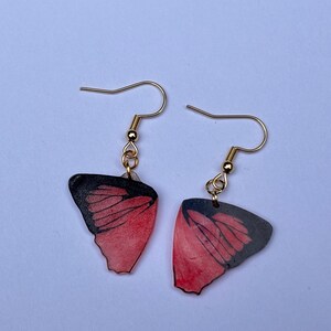 Op de afbeelding: Oorbellen met vlindervleugels. Elke oorbel heeft een rood en zwart vleugelontwerp, met goudkleurige oorhaken. De vleugels hebben gedetailleerde aderpatronen, tegen een witte achtergrond.