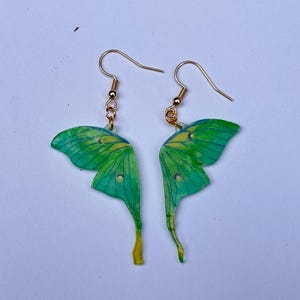 Op de afbeelding: Een paar oorbellen met een vlindervleugelontwerp. De vleugels zijn groen met gele accenten en hangen aan goudkleurige oorhaken. De oorbellen hebben een grillige, door de natuur geïnspireerde esthetiek.