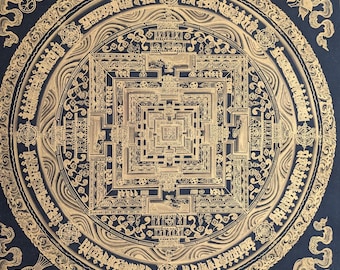 Unique Hand-Painted Black and Gold Kalachakra Mandala Thangka