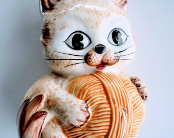 Dispensador de barbante vintage em cerâmica com formato de gato: decoração kitsch japonesa pintada à mão