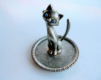 Silver Plated Cat With Blue Eyes Ring Tree and Trinket Dish