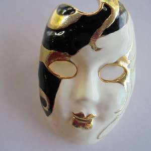 Black White and Gold Enamel Venetian Mask Brooch