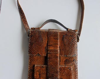 Bolso de mano de piel de serpiente pitón marrón, bolso de hombro
