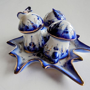 Rare Vintage Russian Gzhel Porcelain Condiment Set in Blue and White With Gold Leaf