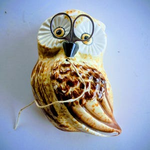 May include: A ceramic owl wall-mounted twine dispenser featuring a glossy cream and brown glaze. The owl has large yellow eyes, a black beak, and a pair of metal scissors resting over its eyes. A piece of natural twine extends from the beak.