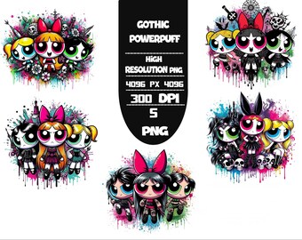 Gothic Watercolor Splash PNG Set: Powerpuff Style (Digital Download, 300 DPI, 5 Designs