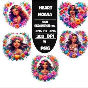 Herz Moana Cartoon Set 5 PNG Lebendiges Cartoon Splash PNG Bündel | Sofortdownload | Hochwertige digitale Dateien für Sublimation,Svg,Dtf,Eps