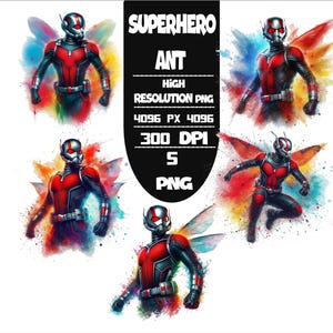 May include: Digital artwork showing a superhero character in a red and black suit with a helmet and wings. The character is depicted in several poses against colourful watercolour backgrounds. Text reads "Superhero Ant".