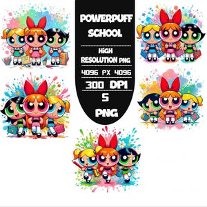 Powerpuff Girls Erste Schule Set 5 PNG Lebendiges Cartoon Splash PNG Bündel | Sofortdownload | Hochwertige digitale Dateien für Sublimation,Svg