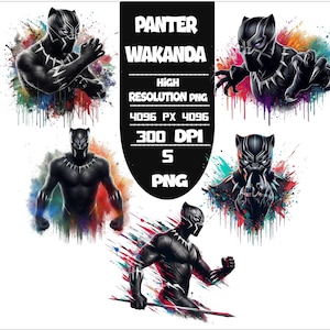 May include: Digital art featuring the Black Panther in various action poses. The superhero is depicted in a black suit with a detailed mask, set against colorful, abstract backgrounds. The image includes the text "PANTER WAKANDA".