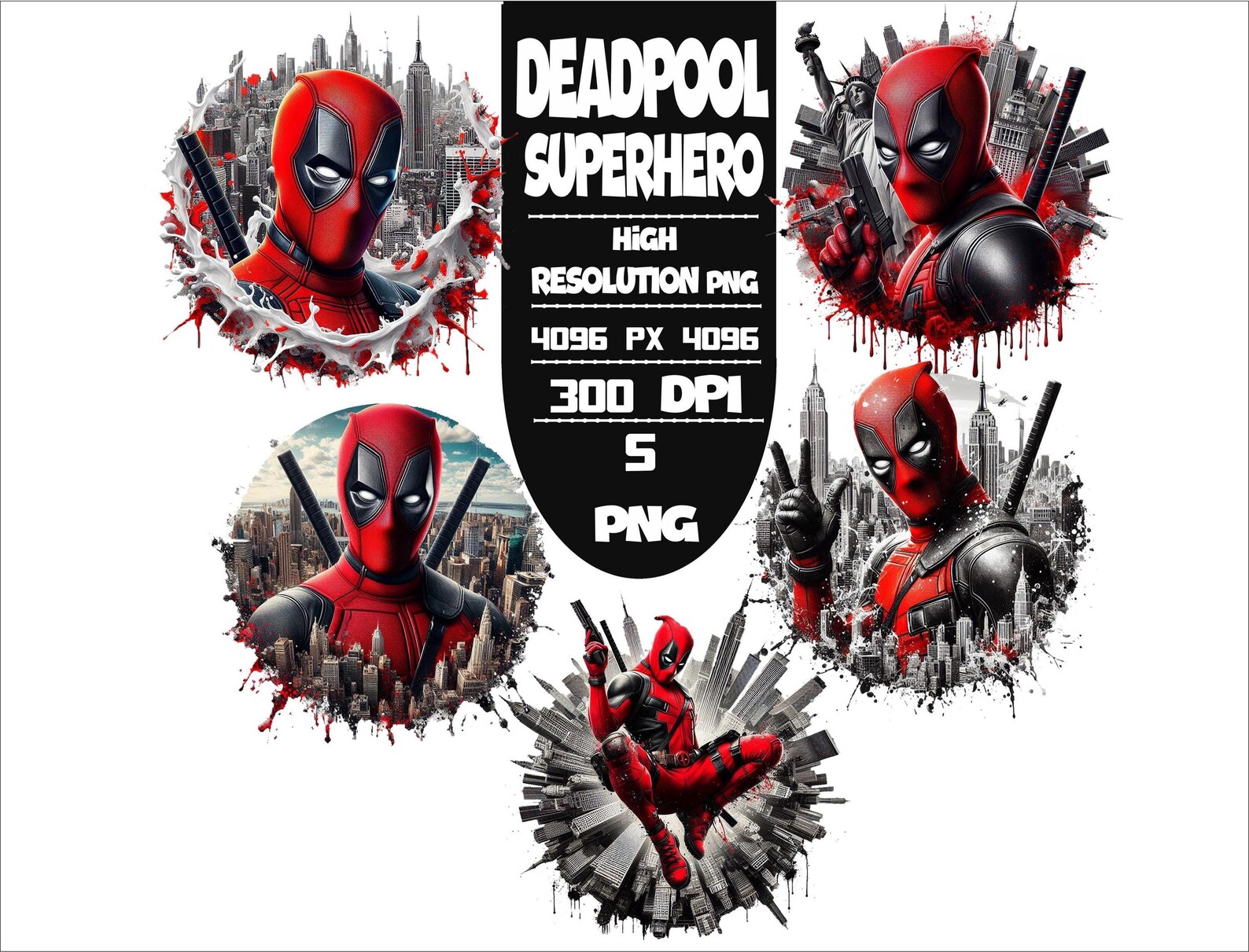 Deadpool Cartoon PNG Bundle: Vibrant Splash Art (digital Download, 300 ...