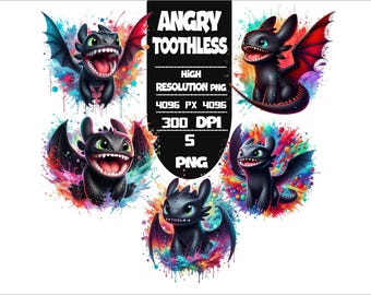 Cartoon Toothless Character PNG Bundle: Vibrant Splash Art (Digital Download, 300 DPI)