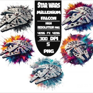 Paquete de 5 PNG de Star Wars Millennium Falcon con dibujos animados vibrantes y salpicaduras / Descarga instantánea / Archivos digitales de alta calidad para sublimación, SVG