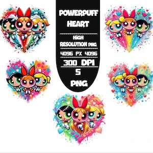 Peut inclure: Image d'art numérique des Super Nanas dans des cœurs. Chaque cœur présente le trio avec des couleurs vives et des effets aquarelle. L'image comprend le texte : "POWERPUFF HEART HIGH RESOLUTION PNG 4096 PX 4096 300 DPI 5 PNG".