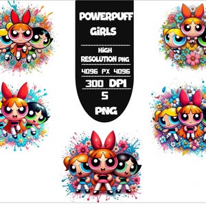PowerPuff Girl Niedliche Blumen-Set 5 PNG Lebendiges Cartoon Splash PNG Bündel | Sofortdownload | Hochwertige digitale Dateien für Sublimation,Svg