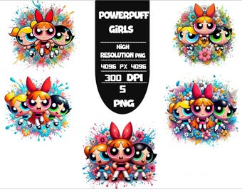 Pakiet PNG Powerpuff Girls | Kwiatowy motyw z kreskówek (pobieranie cyfrowe)