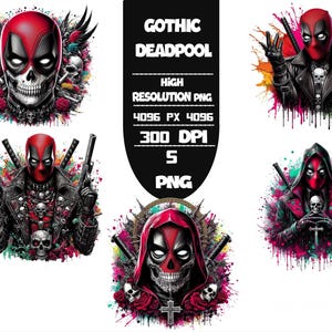 Gothıc Deadpool Set of 5 PNG Watercolor splash Png Digital images for printing, T-Shirts, High Digital Download-300DPI High Resolution