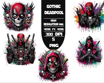 Set PNG acquerello di Deadpool gotico: arte digitale ad alta risoluzione (300 DPI)