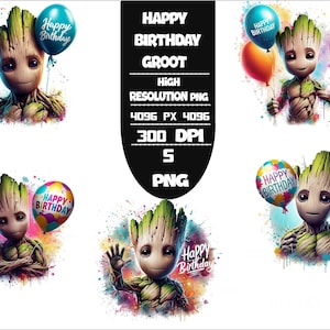 Conjunto de 5 PNG de cumpleaños de Groot con salpicaduras de acuarela, imágenes digitales para imprimir, camisetas, descarga digital de alta resolución de 300 DPI