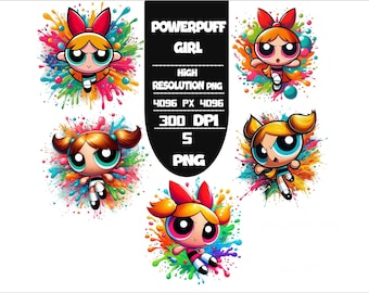 Powerpuff Girls PNG Set: Vibrant Cartoon Splash Designs (Digital Download, 300 DPI, 4000px)