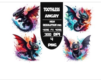 Toothless Cartoon PNG Bundle: Vibrant Splash Art (Digital Download, 4 Designs, 300 DPI)