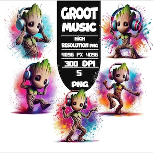 May include: Digital artwork showing five Groot characters with headphones, dancing against a backdrop of colourful paint splatters. The image includes the text "GROOT MUSIC" and details about the PNG file.