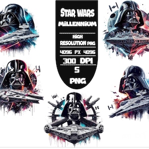 Puede incluir: Arte digital que presenta el casco de Darth Vader y varias naves espaciales de Star Wars, incluyendo el Destructor Estelar y el Halcón Milenario. La imagen tiene un estilo artístico colorido con el texto "STAR WARS MILLENNIUM".