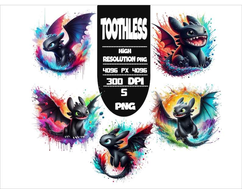 Toothless Cartoon PNG Bundle: Vibrant Splash Designs (digital Download ...