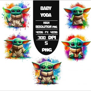 Peut inclure: Cinq images PNG colorées de Baby Yoda, chacune avec un fond éclaboussé d'aquarelle unique. Les images présentent Baby Yoda dans une robe beige, tenant un sabre laser vert. Le texte sur l'image indique "BABY YODA HIGH RESOLUTION PNG 4096 PX 4096 300 DPI 5 PNG".