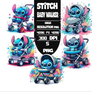 Stitch Baby Walker Set 5 PNG Vibrant Cartoon Splash PNG Bundle | Instant Download | High-Quality Digital Files for Sublimation,Svg,Dtf,Eps