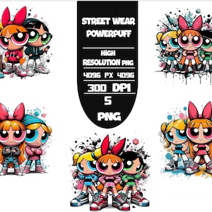 PowerPuff Gilr Street Wear Set 5 PNG Lebendiges Cartoon Splash PNG Bündel | Sofortdownload | Hochwertige digitale Dateien für Sublimation,Svg
