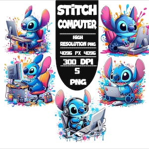 May include: A digital art graphic featuring the character Stitch from Lilo & Stitch using computers. The image includes Stitch in various poses with computers, keyboards, and headphones, surrounded by colorful paint splatters. The text "Stitch Computer" is displayed.