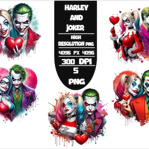 May include: Digital art featuring Harley Quinn and the Joker in various poses. The images showcase the characters with vibrant colors, hearts, and roses. The text on the image reads "HARLEY AND JOKER HIGH RESOLUTION PNG 4096 PX 4096 300 DPI 5 PNG".