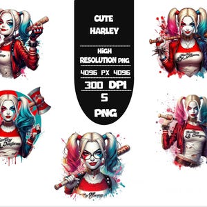 May include: Digital art featuring Harley Quinn with her signature pigtails, holding a baseball bat or an axe. She wears a red and black jacket over a white shirt. The image includes text that says "CUTE HARLEY" and "Harley Dugana".