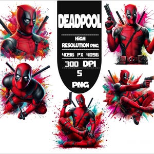 Deadpool Set of 5 PNG Watercolor splash Png Digital images for printing, T-Shirts, High Digital Download-300DPI High Resolution