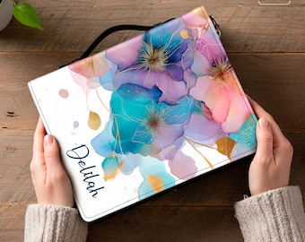Couverture de bible avec nom personnalisé avec poignée, protection pour livres de poche, pochette de livre à imprimé fleurs aquarelle pour journaux et liseuses, simili cuir