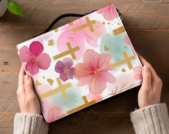 Bible Cover with Handle, Protector for Paperbacks, Holy Cross Print Book sleeve Journals & E-Readers, Faux Leather Book sleeve, Bible holder