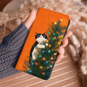 Funny Xmas Cat wallet case for Samsung S25 S23 S24 FE S22 S21 A55 A56 A35 A53 iPhone 16 16e 15 plus 14 13 12 xr 8 SE Pixel 9 pro 8a hh026_w