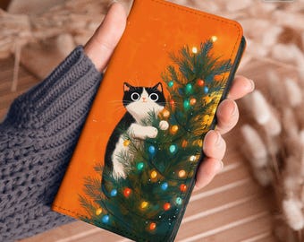 Capa carteira com estampa de gato natalino engraçado para Samsung S25 S23 S24 FE S22 S21 A55 A56 A35 A53 iPhone 16 16e 15 plus 14 13 12 xr 8 SE Pixel 9 pro 8a hh026_w