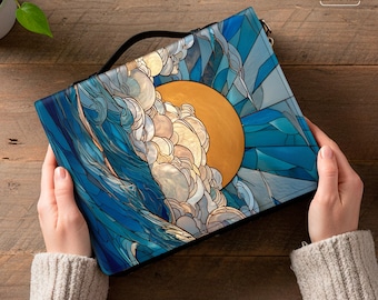 Målat glas solnedgång över havet Bokfodral, Bibelomslag med handtag, Skydd för pocketböcker, Bokfodral i konstläder, Bibelfodral