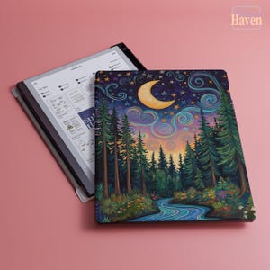 May include: A digital tablet with a colorful cover featuring a forest scene under a starry night sky with a crescent moon. The tablet is open, displaying a digital interface. The cover art includes a river, trees, and a vibrant color palette.