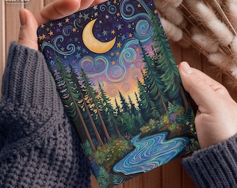 May include: A rectangular art print featuring a nighttime forest scene with a crescent moon, stars, and a flowing river. The artwork has a vibrant color palette with shades of blue, green, yellow, and purple. The print is held in a person's hands.