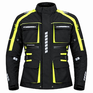 Motorjas voor heren, toerjas van textiel in neongeel/zwart met hoge zichtbaarheid, reflecterende bikerjas met meerdere zakken.