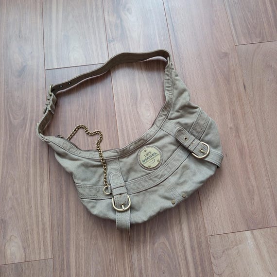 バッグ Archive Diesel Canvas Shoulder Bag y2k Vintage Diesel Shoulder Bag Khaki Canvas Y2K Hobo Bag Logo Chain