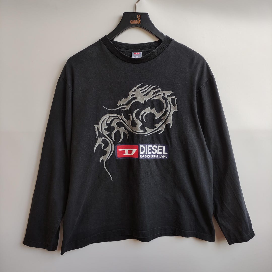 Vintage Black Diesel Dragon Print Long Sleeve T-shirt 90's Y2K