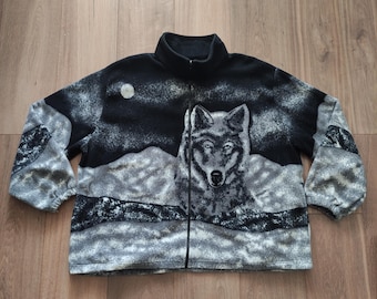 Vintage Y2K Animal Print Wolf Sherpa Fleece Jacket