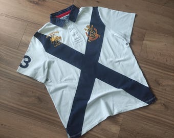 Camiseta de rugby vintage de los años 90, Polo Ralph Lauren, con el logo de Big Pony, blanca y azul, talla XL, años 2000.