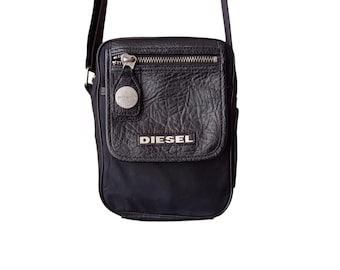 Bolso bandolera unisex Vintage Diesel Y2K de piel negra estilo años 90